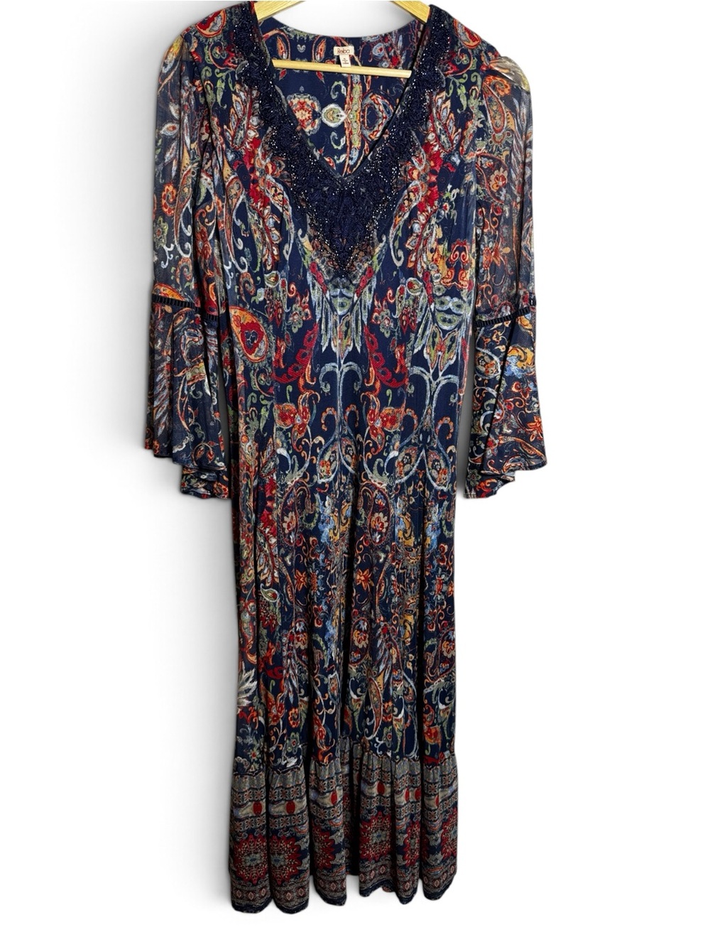 Reba Maxi Dress Women S Navy Multicolor Paisley Beaded Bell Sleeve Boho